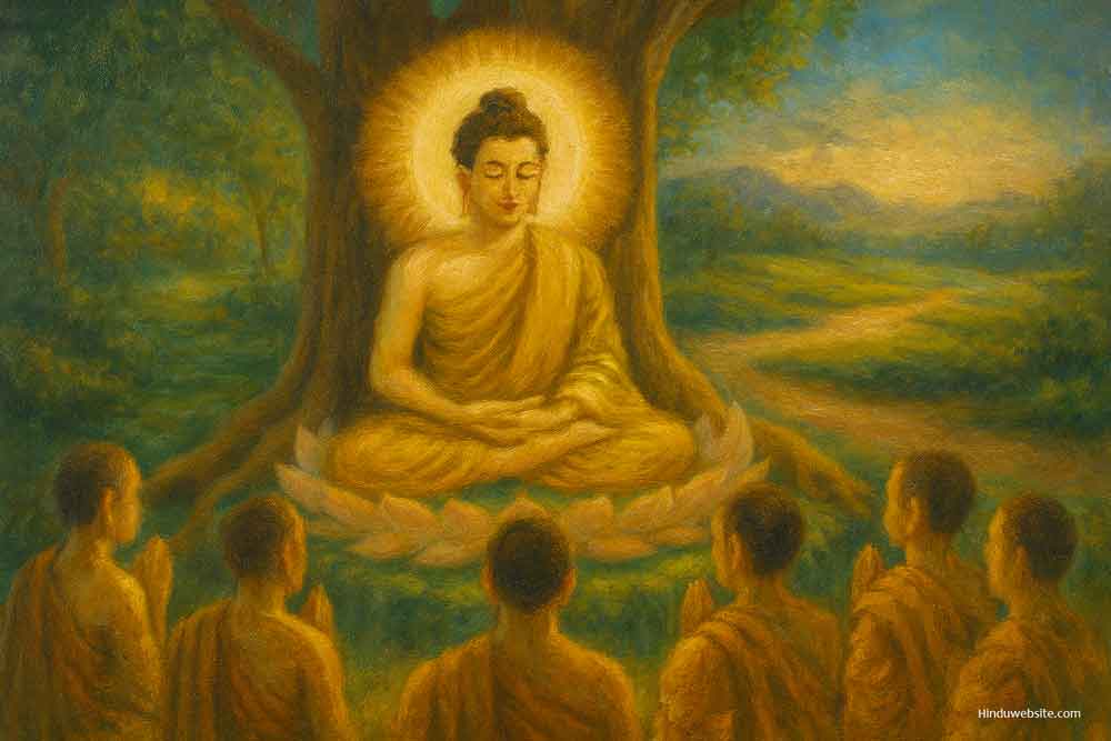 A painting of Buddha teaching monks