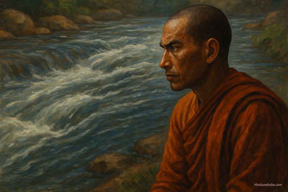 Monk enged in mindfulness practice by a river side with penetrating gaze