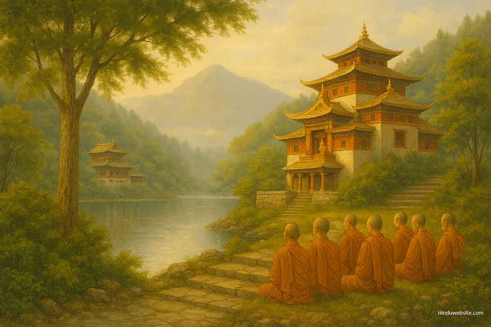 Monks sitting by a lakeside monastery