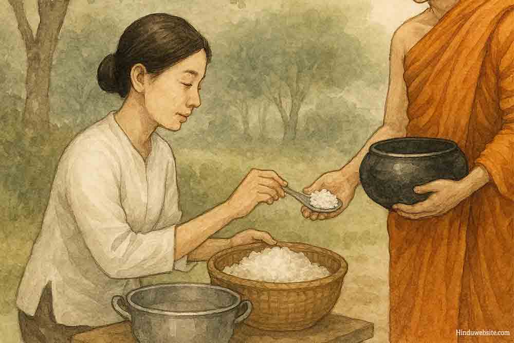 A woman serving food to Buddhist monks