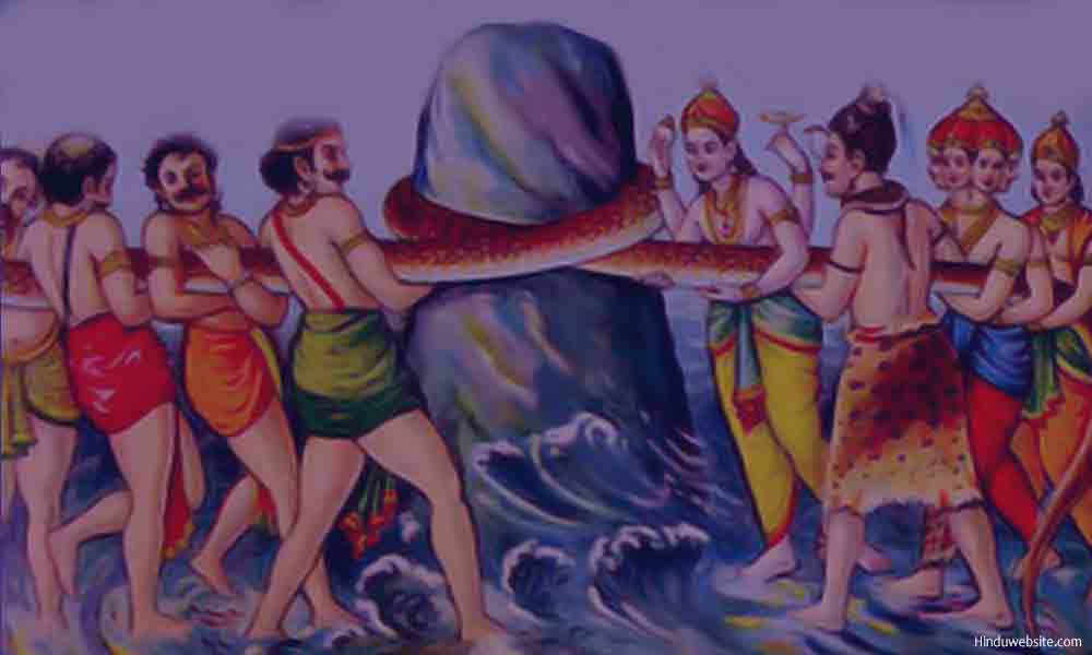 Hindu gods and demons churning the ocean for elixir