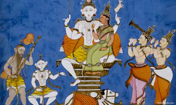 Shiva Parvati with Nandi, Bhringi, other celestial beings